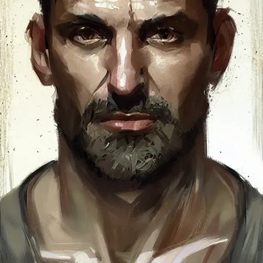 Image similar to Portrait of a man by Greg Rutkowski, he is about 40 years old, southern slav features, messy brown short hair, strong and tall, tired expression, he is wearing a black tank top, highly detailed portrait, scifi, digital painting, artstation, concept art, smooth, sharp foccus ilustration, Artstation HQ.