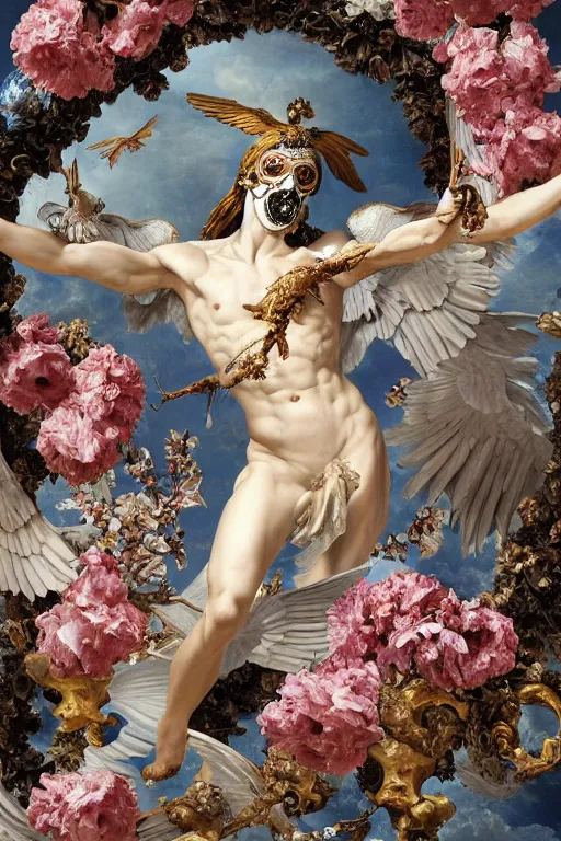 Image similar to A flying icarus reaching for the sun with a skull mask and wings as a Greek sculpture, quartz crystal skull, wreath of flowers and abstract milky quartz eyes, many large flying monster eyes, flowing sakura silk, fabric, flowers. baroque elements, human skull. full-length view. baroque element. intricate artwork by caravaggio. many many birds birds on background. Trending on artstation. halo. octane render, cinematic, hyper realism, octane render, 8k, depth of field, 3D