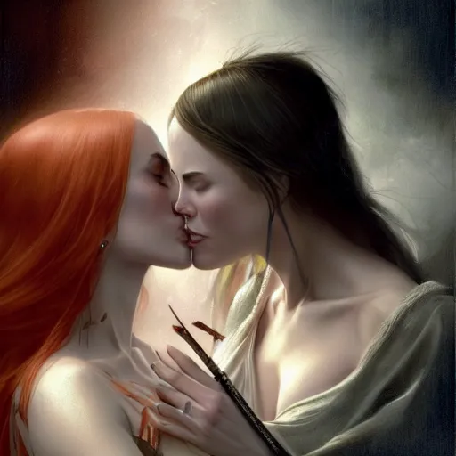 Image similar to megan fox and nicole kidman kissing each other, sharp focus, illustration, art by aenaluck and roberto ferri and greg rutkowski, epic fantasy, digital painting