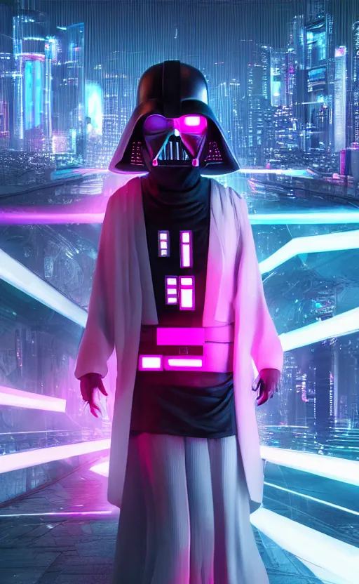 Image similar to white darth vader synth wave retro wave vapor wave white and pink lighting and clothes and tech cyberpunk style ultra realistic high quality highly detailed 8 k