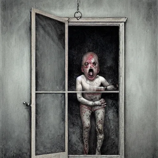 Image similar to Curtain Ghost by Mark Arian, dark, horror, surrealism, horror scene of a child staring outside the window. Screaming for help by Santiago Caruso, Stefan Koidl and Kentaro Miura