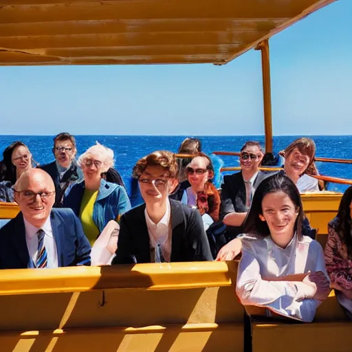 Image similar to a photograph of a ship full of scholars, wide shot, sunny day, soft focus