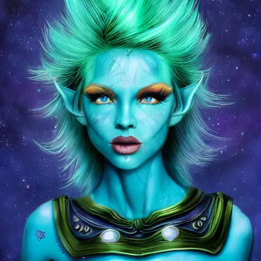 Image similar to Elf with blue skin, alien skin, blue elf, blue, blue-skinned elf, green hair, glam hair, hairspray, big hair, wild hair, 80s hair, glam make-up, 80s, illustration, fantasy art, trending on ArtStation, 1980s fantasy art