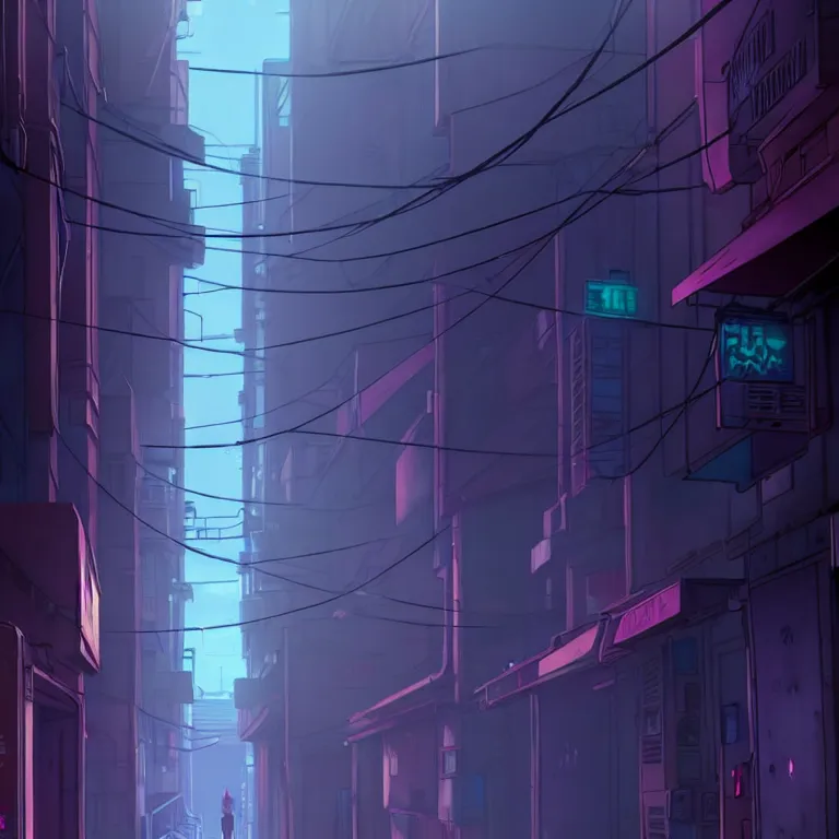 Image similar to city alleyway in the atmospheric cyberpunk anime film, gouache matte background painting, neon noir, at night with lights, by makoto shinkai, in the anime series ergo proxy, beautiful specular edge highlights and rim lighting