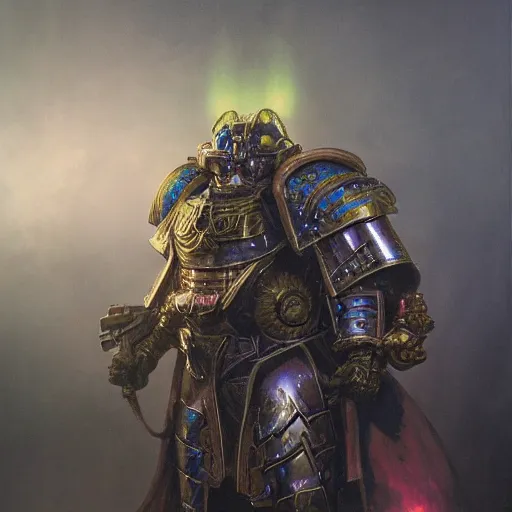 Image similar to warhammer 4 0 k god emperor armor, anthropomorphic shiba inu face visible, stuning 3 d render, masterpiece, glowing black aura, foggy dark, by donato giancola and greg rutkowski and wayne barlow and zdzisław beksinski, realistic face