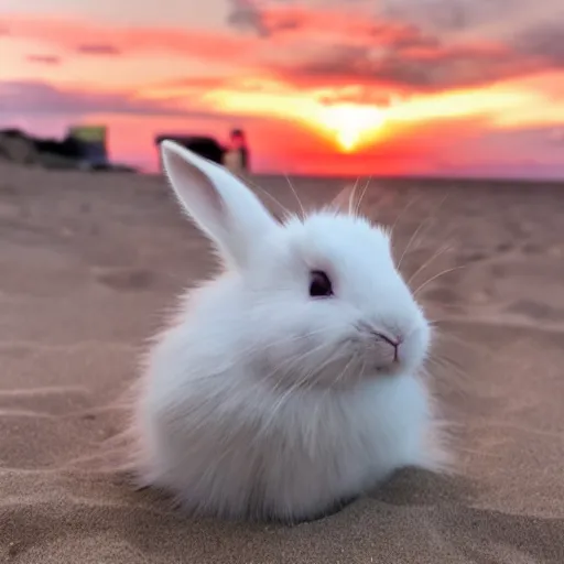 Prompt: a selfie of a white rabbit with long hairs watching the sunset at the beach