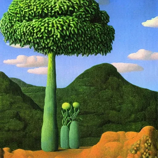 Image similar to painting of a lush natural scene on an alien planet by rene magritte. beautiful landscape. weird vegetation. cliffs and water.