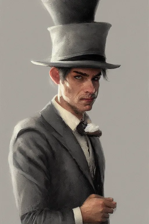 Image similar to a halfling grey hair with stubble top hat and suit by Greg Rutkowski, painting, portrait, high details, trending on artstation