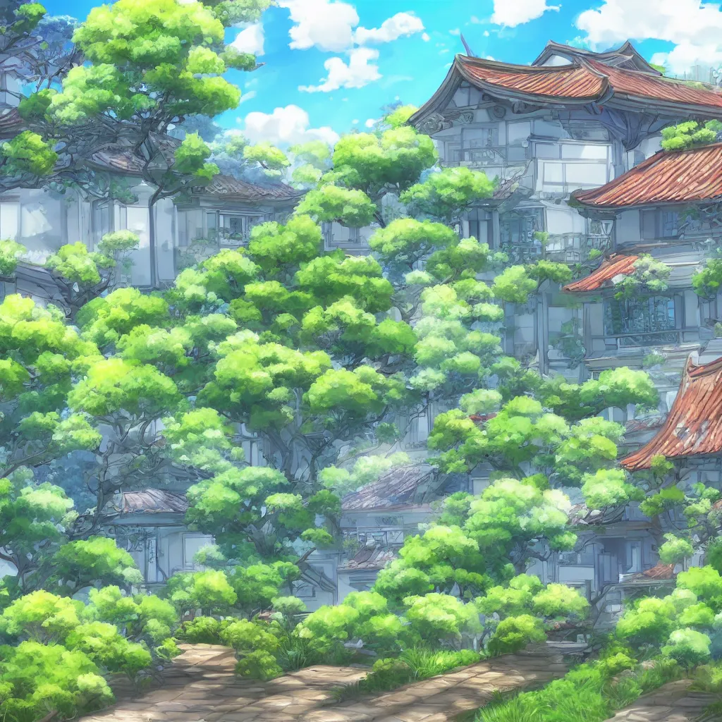 Prompt: a house with a beautiful garden and a blue sky with clouds in anime style, in the style of Lampbo Chun on ArtStation and Son Rice on ArtStation, 4k,