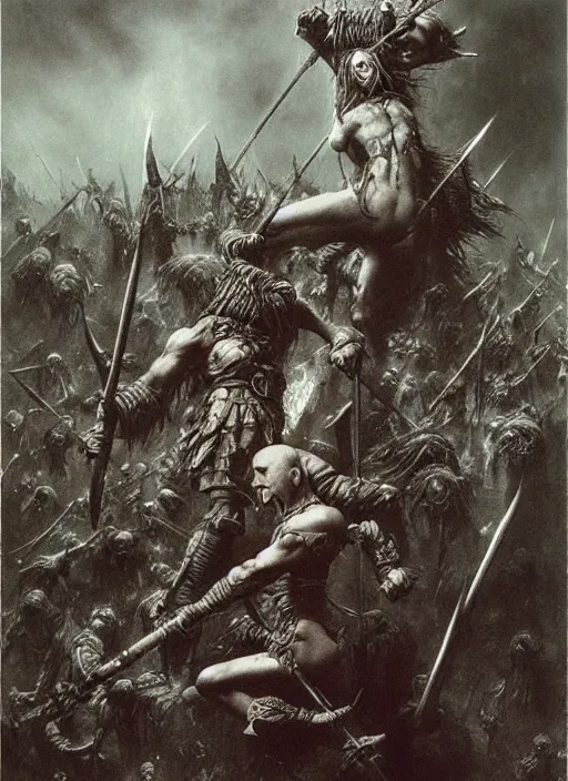 Prompt: bald barbarian girl fights goblins by Beksinski and Luis Royo