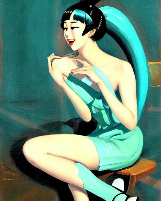 Image similar to A very beautiful painting of hatsune Miku sitting on the chair by Enoch Bolles and Gil Elvgren