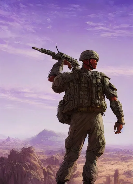 Image similar to purple lighting, detailed character concept illustration, strong muscular mature soldier in a soldier uniform, desert with city in the background, sharp focus, illustration, highly detailed, digital painting, concept art, matte, art by wlop and artgerm and greg rutkowski, masterpiece