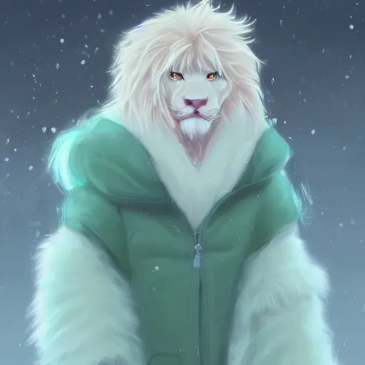 Image similar to aesthetic portrait commission of a albino male furry anthro lion wearing a cute mint colored cozy soft pastel winter outfit, winter atmosphere. character design by charlie bowater, ross tran, artgerm, and makoto shinkai, detailed, inked, western comic book art, 2 0 2 1 award winning painting