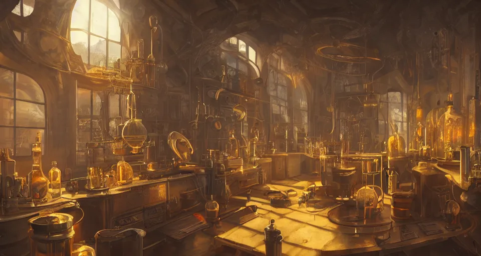 Image similar to Alchemy laboratory, hyperdetailed, artstation, cgsociety, golden hour 8k