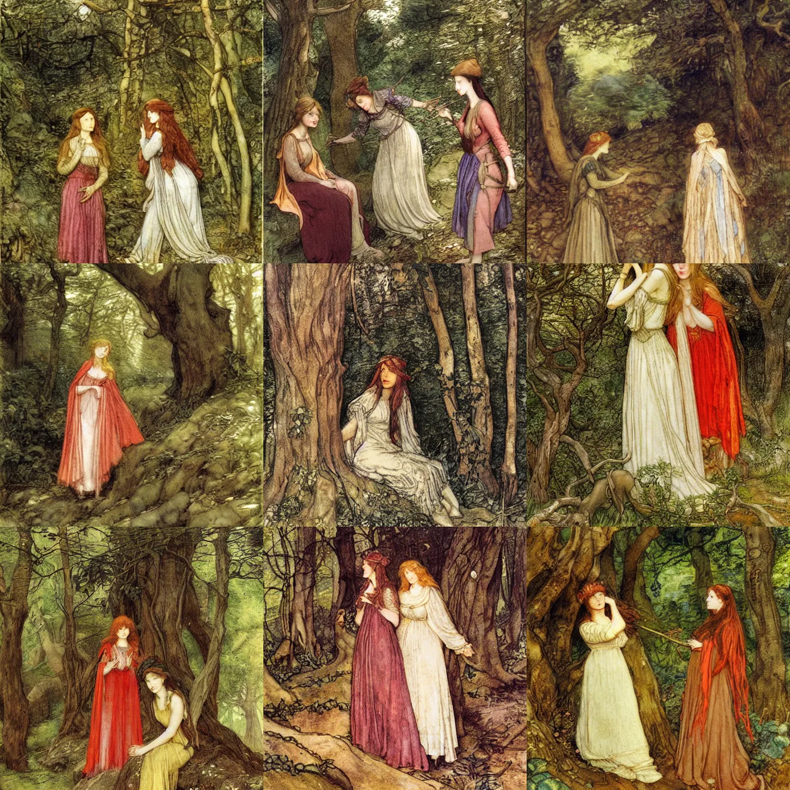 Prompt: a painting of a woman and elfes in the woods, a storybook illustration by henry meynell rheam, cg society, pre - raphaelitism, pre - raphaelite, detailed painting, photoillustration