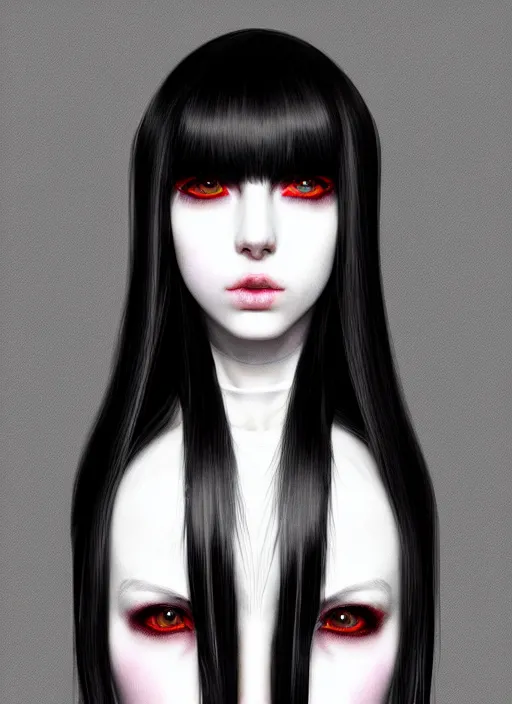 Image similar to whitebangs, black hair, black cyberlox, portrait of white teenage girl, normal face, white bangs, fluffy bangs, cyberlox, whitebangs, red contact lenses, purple background, intricate, elegant, highly detailed, digital painting, artstation, concept art, sharp focus, smooth, illustration, art by wlop, mars ravelo and greg rutkowski