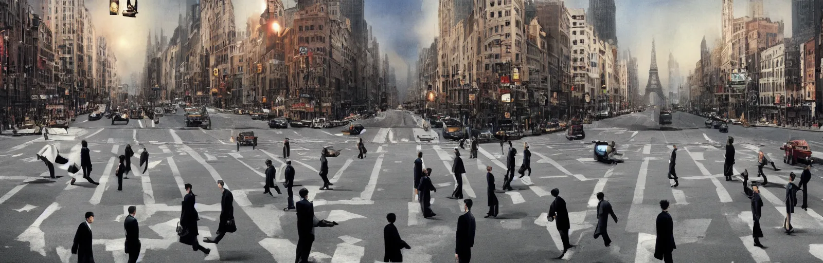 Image similar to People crossing the street from the movie Inception by Christopher Nolan, recursive intersections, surreal, photograph, highly detailed, high evolution, legendary, smooth, sharp focus, dynamic lighting, 4k, by Rene Magritte