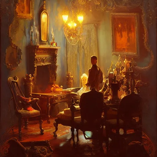 Prompt: inside the haunted mansion. highly detailed painting by gaston bussiere, craig mullins, j. c. leyendecker 8 k