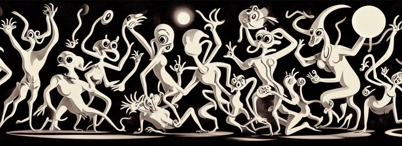 Image similar to whimsical creatures from the depths of the collective unconscious, dramatic lighting, surreal dark 3 0 s fleischer cartoon characters