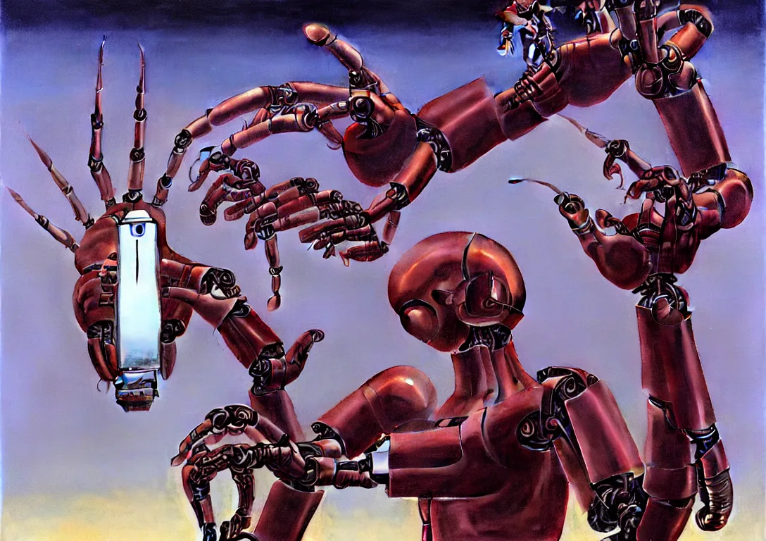 Prompt: a man inspecting a futuristic robot hand in the style of wayne barlowe, dali, boris vallejo