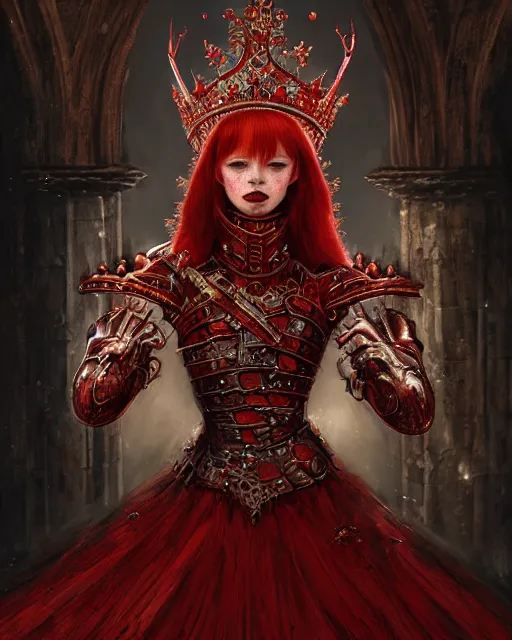 Image similar to redhead queen in heavy red armor, inside an epic gothic castle, baroque, large crown, face with scars, mad grin, intimidating, ominous, high fantasy, intricate detail, digital painting, artstation, concept art, smooth, sharp focus, illustration, art by yoshitaka amano and monia merlo and wlop