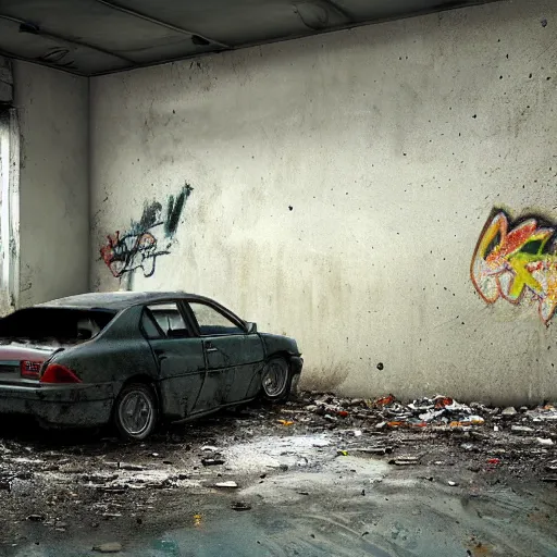 Image similar to hyper detailed and photorealistic, a number of car, dust, humus, wet street, graffiti on wall, trash scattered everywhere, abandoned car garage, 8 k, uhd, after rain, cinematic lighting, incrinate