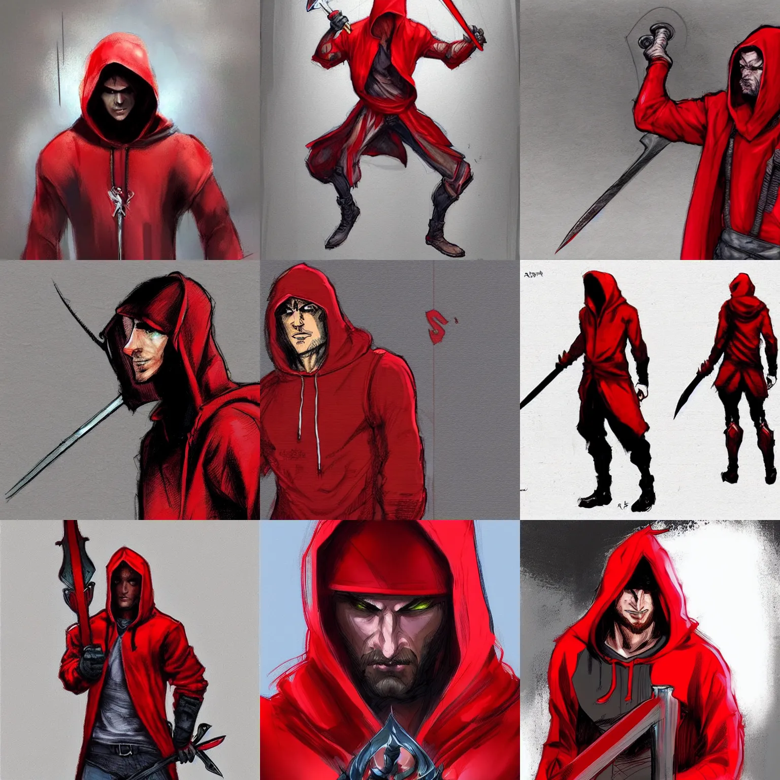Prompt: a man in a red hoodie holding two swords, concept art by ryan stegman, trending on artstation, sots art, official art, concept art, wallpaper