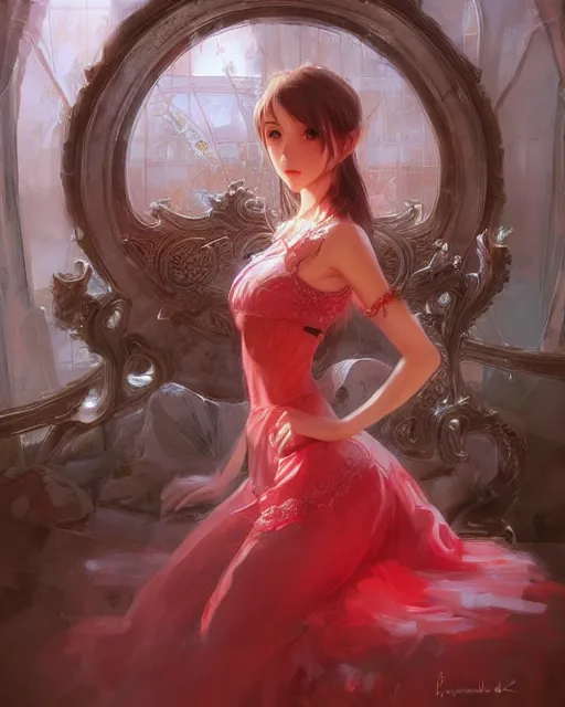 Image similar to aerith gainsborough in red lace skirt, portrait, illustration, rim light, top light, perfectly shaded, soft painting, art by krenz cushart and wenjun lin