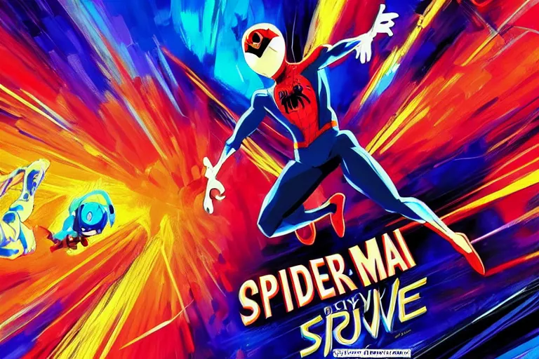 Prompt: anime key visual concept art screenshot, in style of, spider - man into the spider - verse ( 2 0 1 8 ), golden rays, by alberto mielgo, 6 0's french movie poster, french impressionism, vivid colors, palette knife and brush strokes, anaglyph, fish eye lens