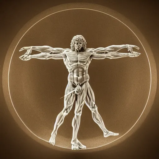 Image similar to Da Vinci's Vitruvian Man as a marble sculpture by Michelangelo, 4k, hyper realistic, detailed, accurate anatomy, four legs, four arms, octane render, well lit studio lighting, unreal engine