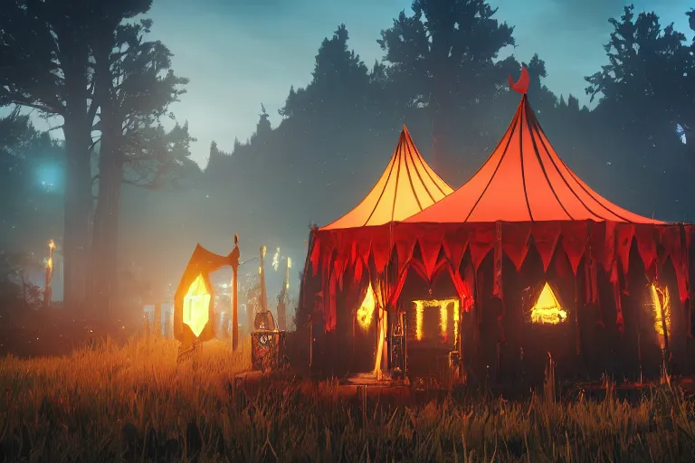 Image similar to render of a dark fantasy gothic circus tent, artstaton, League of Legends, red dead redemption2, overwatch, digital illustration