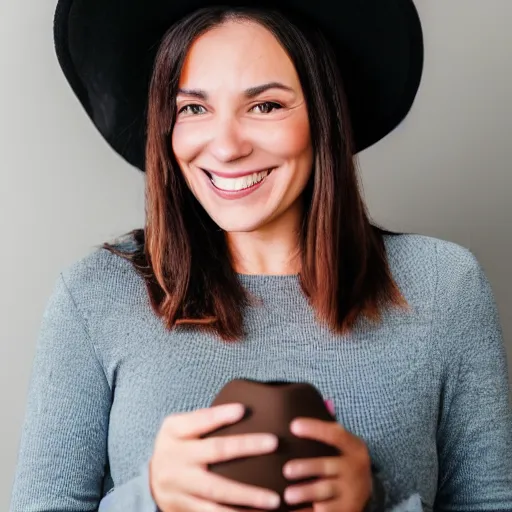 Prompt: portrait of a smiling 3 0 - year - old woman, medium brown hair with a hat, hair comes out of the hat a little and plays because of the sells, the woman puts her right hand on the hat to try to hold it back.