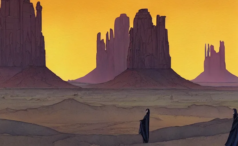 Image similar to a hyperrealist watercolor concept art of a sci - fi futurist metropolis in monument valley. a medieval monk in grey robes is in the foreground. golden hour. very muted colors, by rebecca guay, michael kaluta, charles vess. high detail, hq, wide shot, 4 k