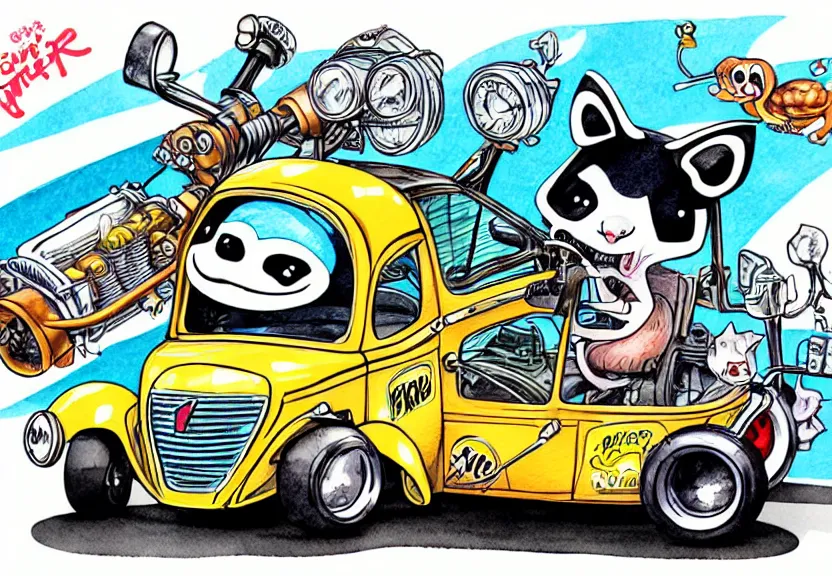 Image similar to cute and funny, racoon riding in a tiny hot rod coupe with oversized engine, ratfink style by ed roth, centered award winning watercolor pen illustration, isometric illustration by chihiro iwasaki, edited by range murata