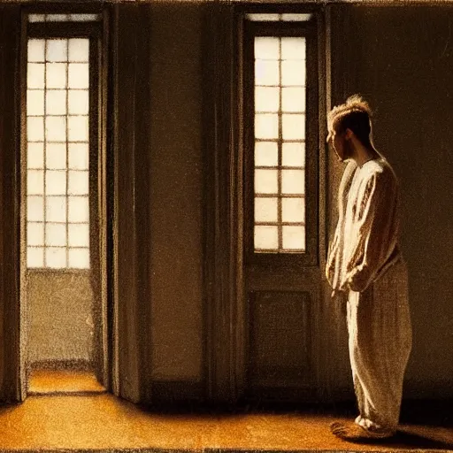 Image similar to person in pyjamas standing near window, sun rays, daylight, french door window, 2 4 mm, anamorph lenses, photorealistic, high ceiling, style by thomas eakins