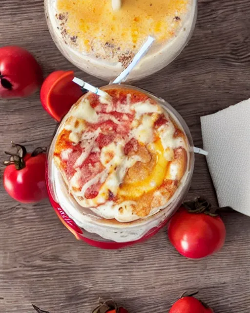 Prompt: a pizza milkshake, cookbook photo