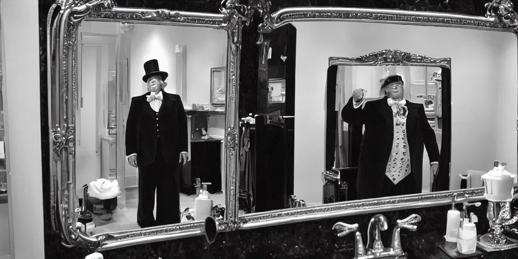 Prompt: ultra wide angle photo of donald trump dressed as willy wonka, from willy wonka and the chocolate factory, looking at himself in a bathroom mirror and seeing his reflection as an oompa loompa version of himself