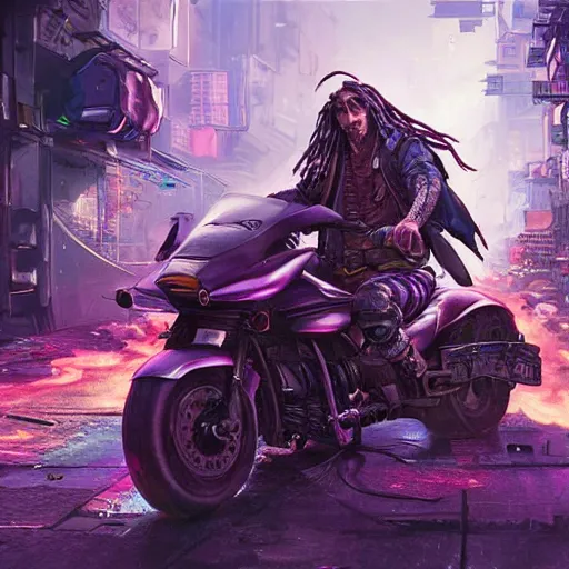 Image similar to portrait painting of a street samurai with long purple hair riding a motorcycle through a burning cyberpunk slum, glitchwave, ultra realistic, concept art, intricate details, eerie, highly detailed, photorealistic, octane render, 8 k, unreal engine. art by artgerm and greg rutkowski