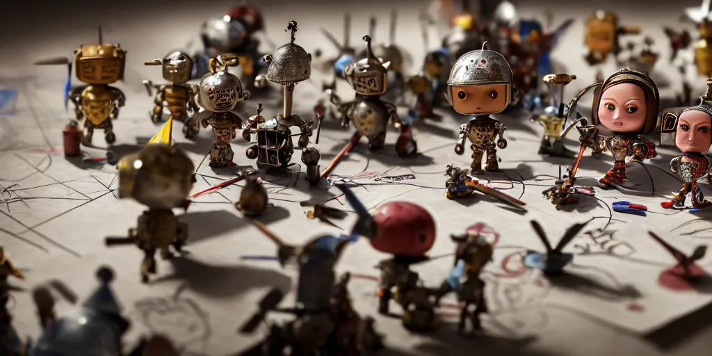 Image similar to closeup portrait of tin toy medieval knights fighting robots on white paper table in an artist workshop, depth of field, zeiss lens, detailed, centered, fashion photoshoot, by nicoletta ceccoli, mark ryden, lostfish, breathtaking, 8 k resolution, extremely detailed, beautiful, establishing shot, artistic, hyperrealistic, octane render