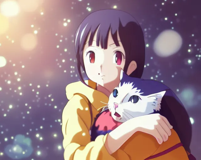 Image similar to anime fine details portrait of joyful girl hugging cat in school, bokeh. anime masterpiece by Studio Ghibli. 8k render, sharp high quality anime illustration in style of Ghibli, artstation