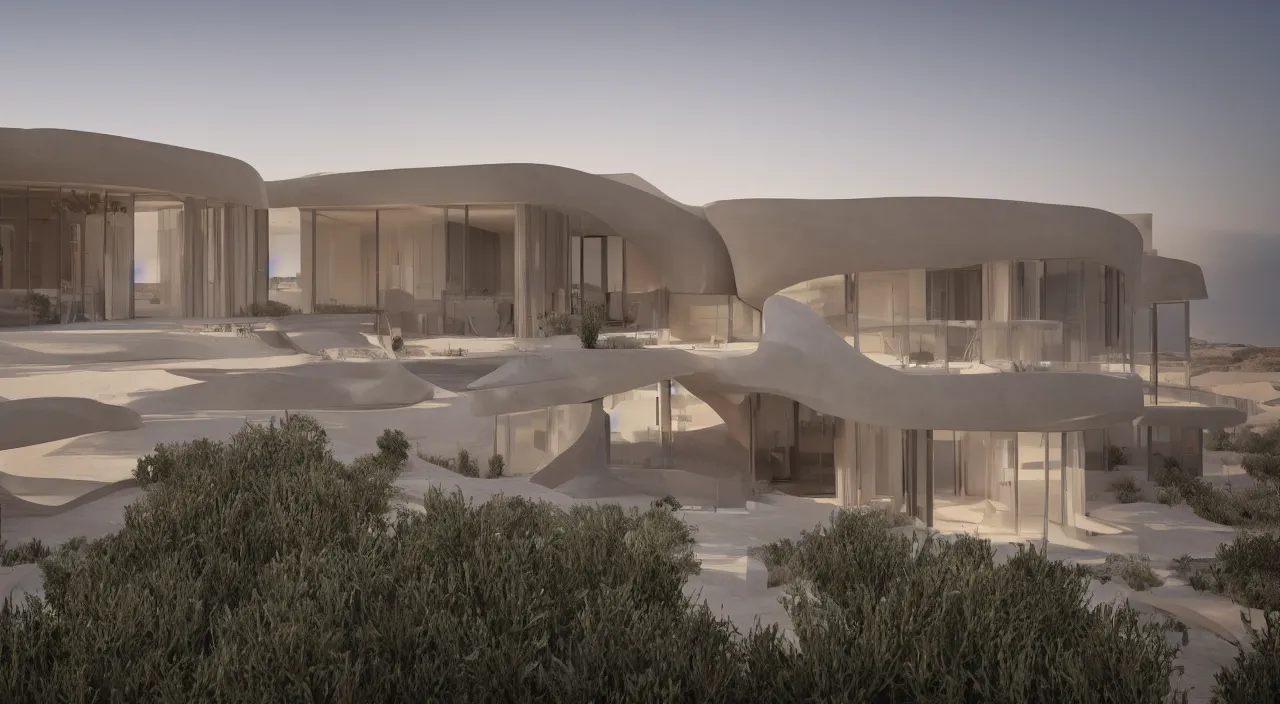 Image similar to a modern house design sitting in the middle of the desert, unreal engine, zaha hadid, tom wright, ludwig mies van der rohe architectural designs, strong colors, octane render, 4 k