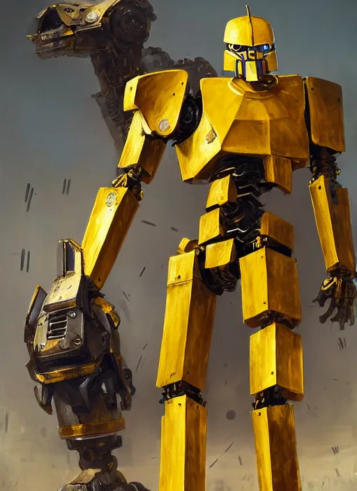 Image similar to human-sized strong intricate yellow pit droid, carrying longsword and big paladin shield, pancake head, exposed metal bones, painterly humanoid mecha, full body, sharp focus, cinematic, by Greg Rutkowski