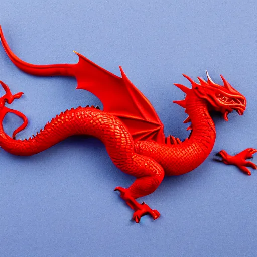 Image similar to a red dragon holding a red die, white background