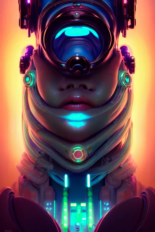 Image similar to portrait of a cute smiling bioluminescent creature, cyberpunk, dark retrowave, highly detailed, asymmetrical artwork, cinematic, hyperrealism, art stanley lau and artgerm and magali villeneuve and alphonse mucha, artstation, octane render, unreal engine, 8 k, aperture f 1. 2