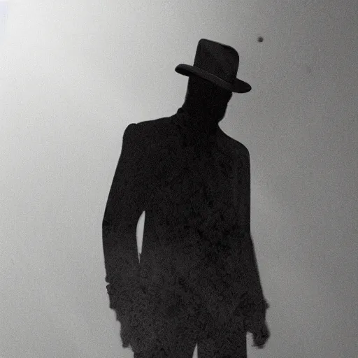 Image similar to mysterious man in black suit and black hat, he has a pistol, smoke, fog, mysterious, 4 k, highly detailed, digital art, strong shadows, high contrast, epic scene, atmospheric, blue colours, trending on artstation