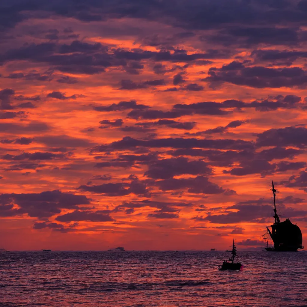 Prompt: beautiful sunset over the ocean with the silhouette of a pirate ship in the center, award winning photography