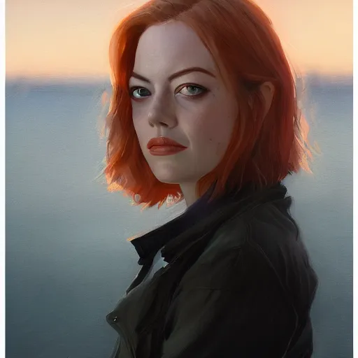 Prompt: a closeup portrait of a emma stone, dramatic light, lake background, sunset, dark, painted by stanley lau, painted by greg rutkowski, painted by stanley artgerm, digital art, trending on artstation