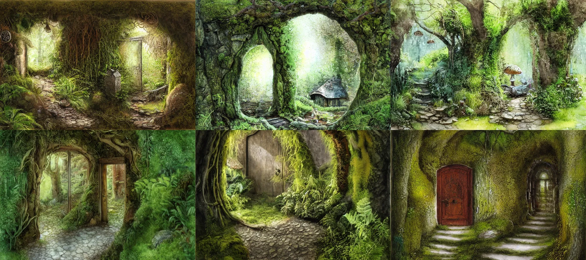 Prompt: door of a underground home, trees, moss, mushrooms, ferns, small path up to door, valley in back ground, soft light, james gurney, detailed watercolour, texture, 4k