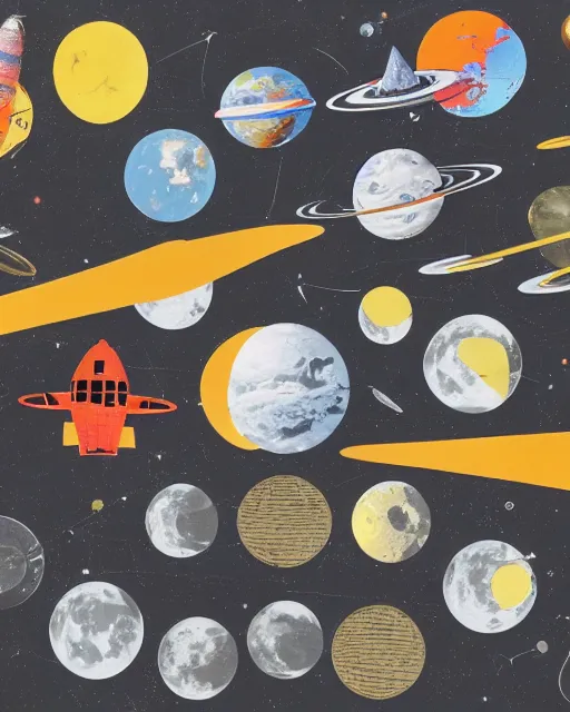 Prompt: A mid-century modern collage, made of random shapes cut from fashion and science magazines and text books, of Space Travel, landing on the moon.