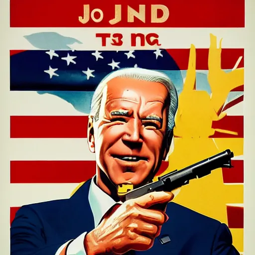 Image similar to propaganda poster of joe biden pointing gun directly at camera in james bond movie, closeup of gun, visible barrel and grip by j. c. leyendecker, bosch, lisa frank, jon mcnaughton, and beksinski